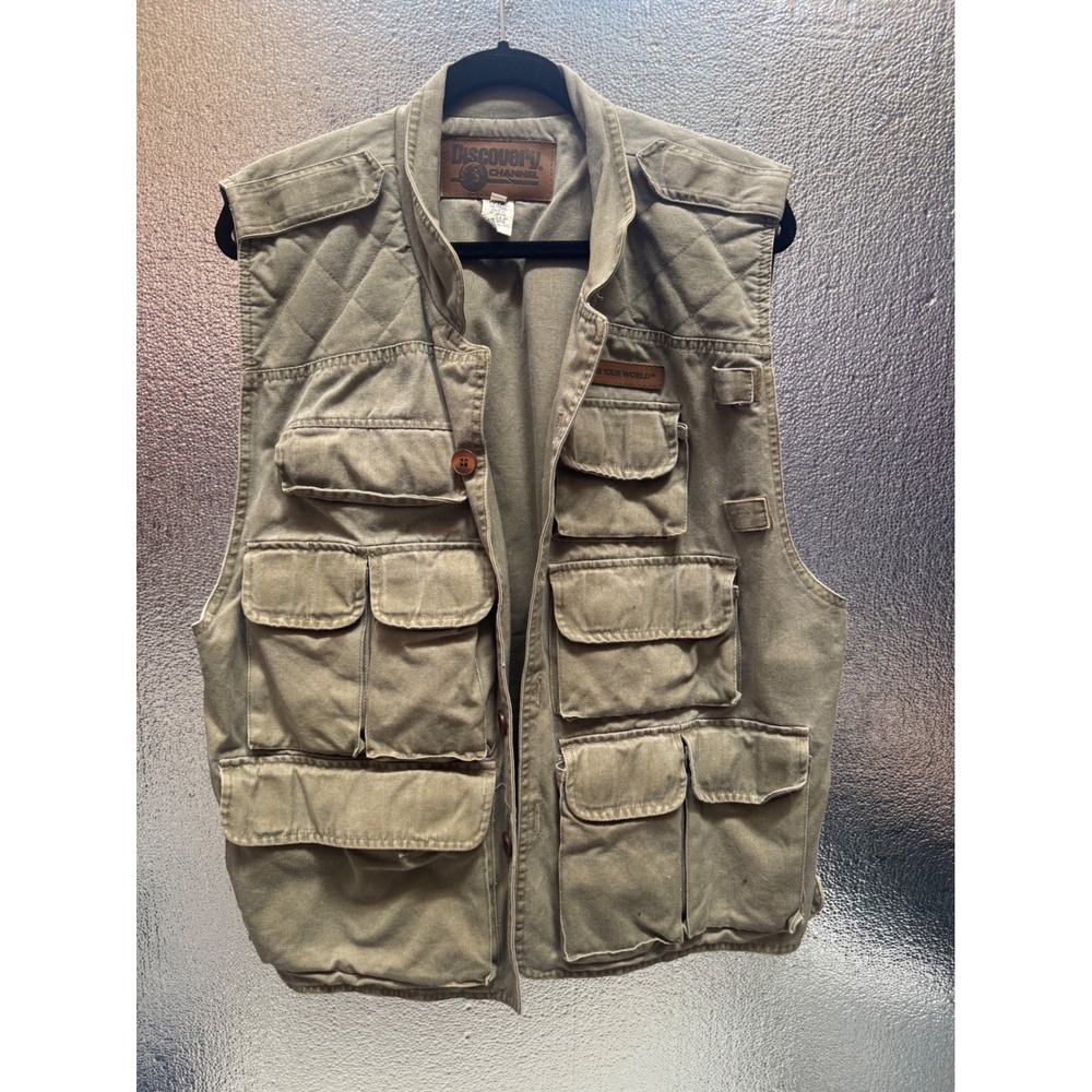 Discovery Channel Mens Multi Pocket Utility Vest Olive Green Cotton Canvas Large
